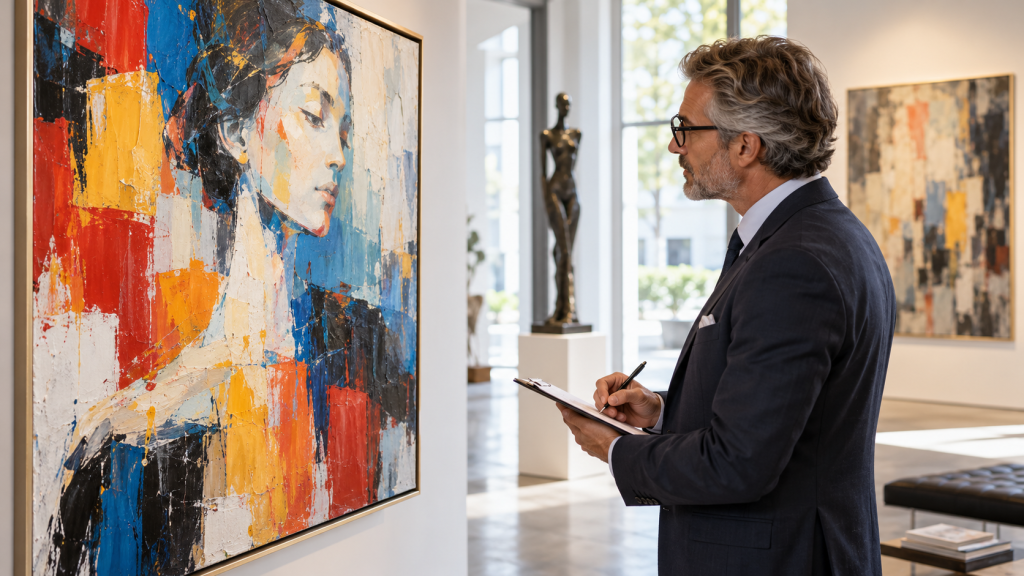 Esperto d'arte esamina un dipinto contemporaneo in una galleria